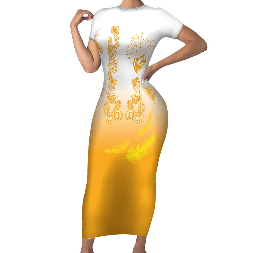 Philippines National Costume Style Short Sleeve Bodycon Dress Barong Tagalog and Eagle Feather Yellow Color