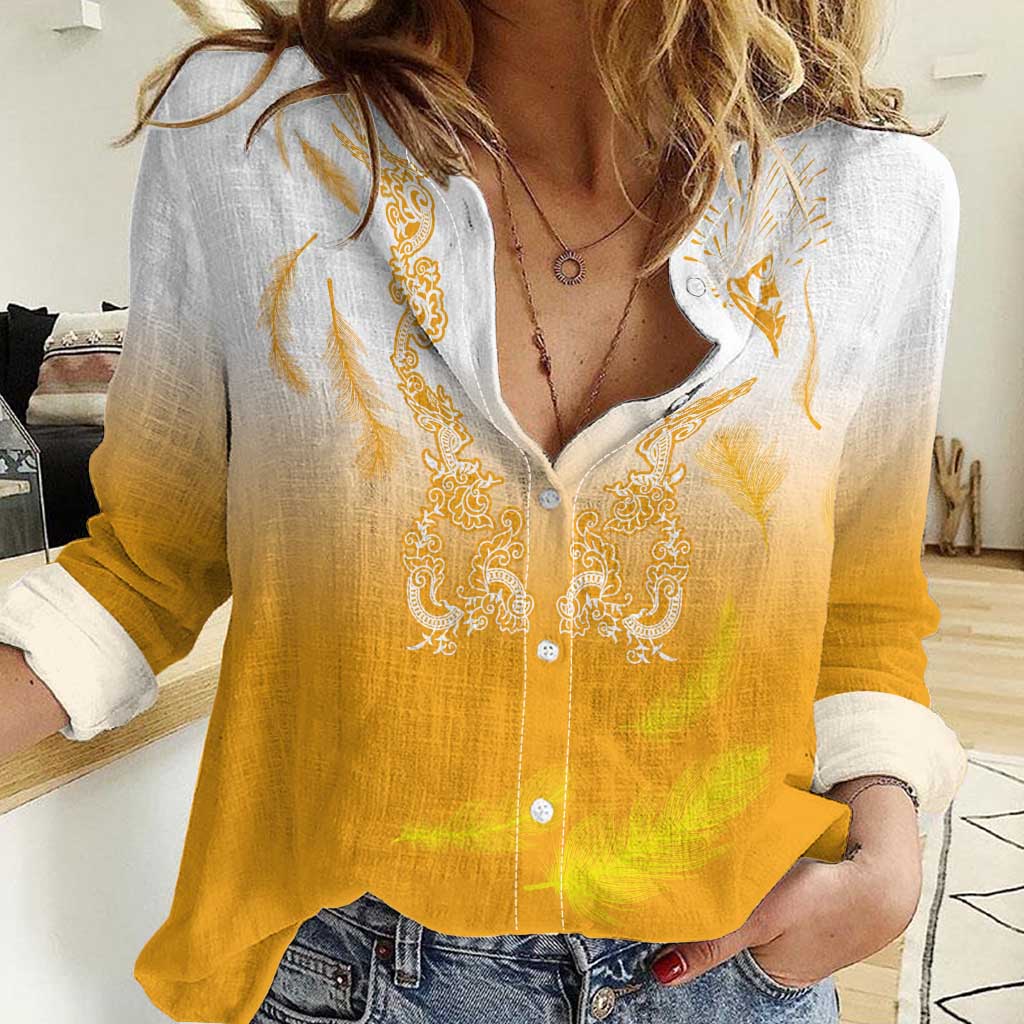 Philippines National Costume Style Women Casual Shirt Barong Tagalog and Eagle Feather Yellow Color LT03 Female Yellow - Polynesian Pride