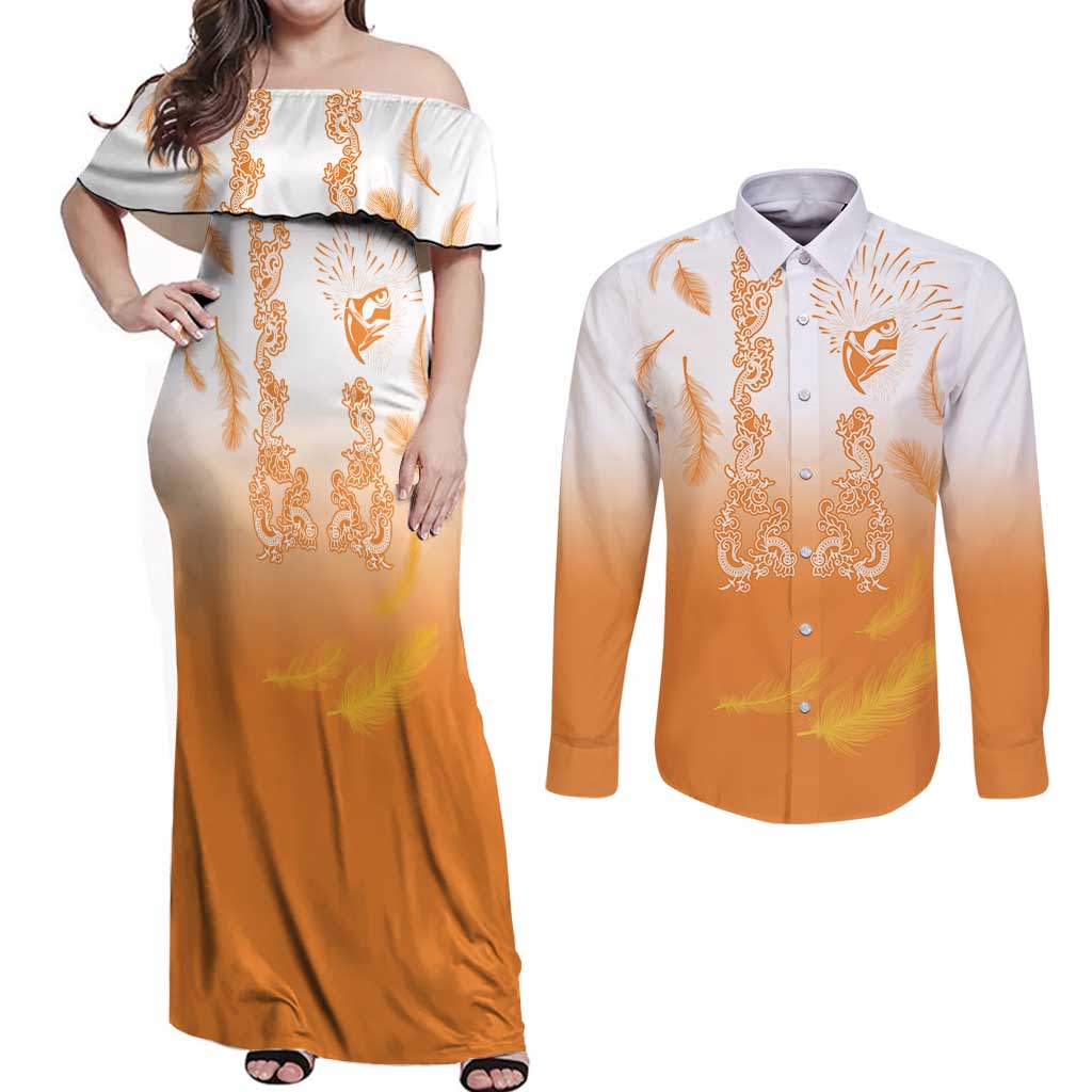 Philippines National Costume Style Couples Matching Off Shoulder Maxi Dress and Long Sleeve Button Shirt Barong Tagalog and Eagle Feather Orange Color