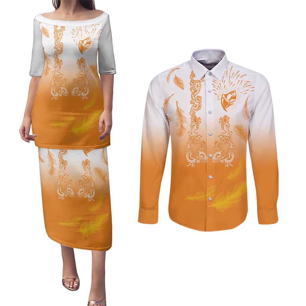 Philippines National Costume Style Couples Matching Puletasi and Long Sleeve Button Shirt Barong Tagalog and Eagle Feather Orange Color