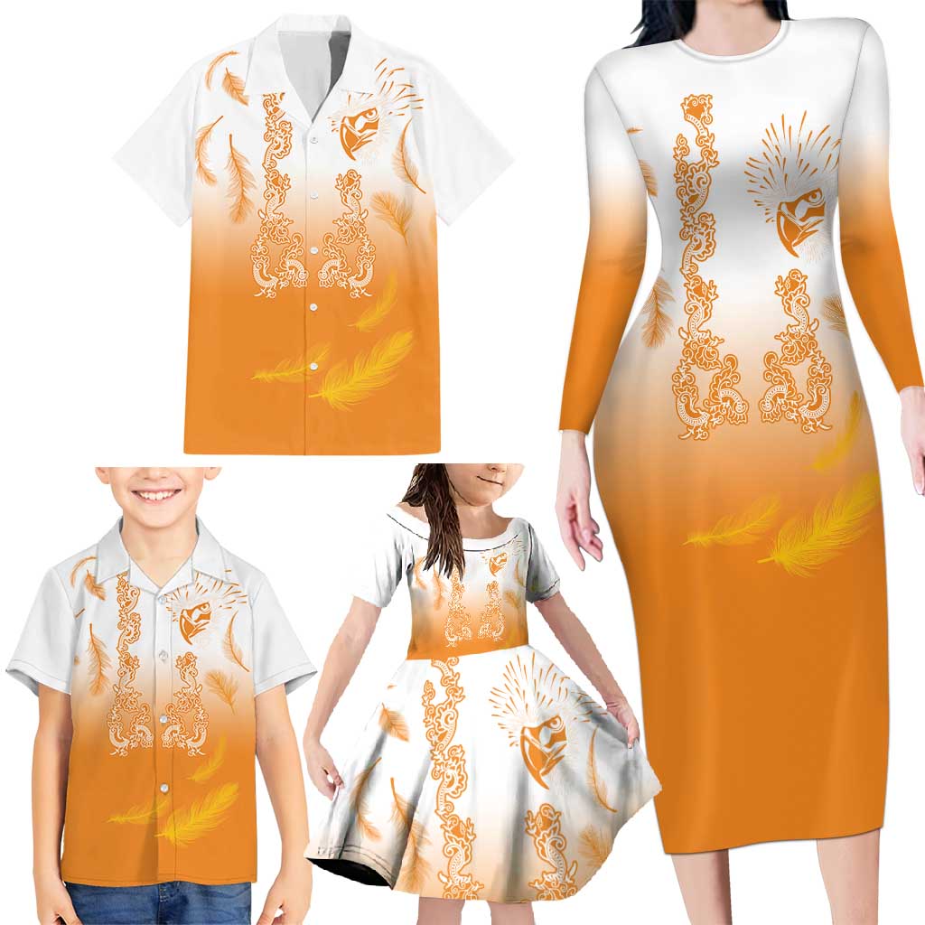 Philippines National Costume Style Family Matching Long Sleeve Bodycon Dress and Hawaiian Shirt Barong Tagalog and Eagle Feather Orange Color
