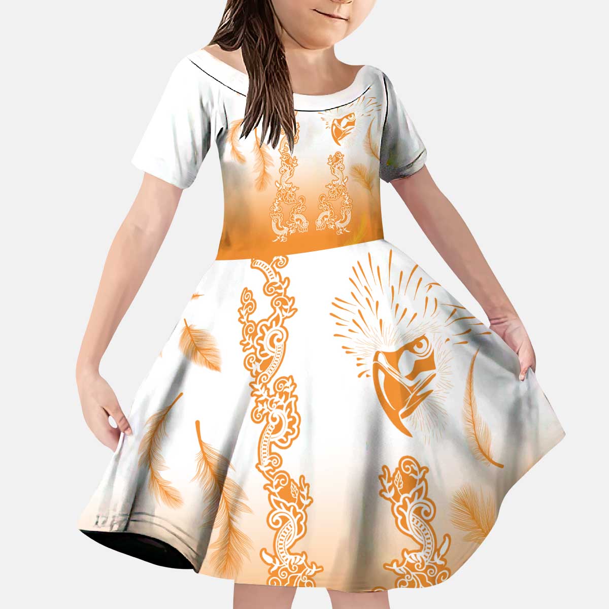 Philippines National Costume Style Kid Short Sleeve Dress Barong Tagalog and Eagle Feather Orange Color