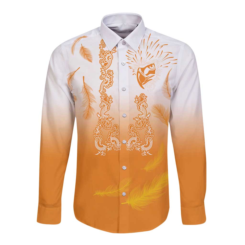 Philippines National Costume Style Long Sleeve Button Shirt Barong Tagalog and Eagle Feather Orange Color