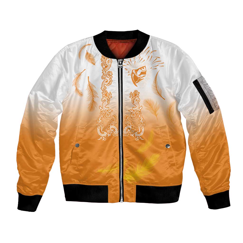 Philippines National Costume Style Sleeve Zip Bomber Jacket Barong Tagalog and Eagle Feather Orange Color