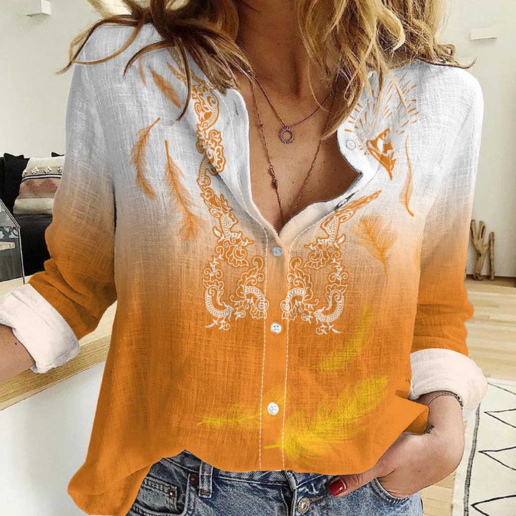 Philippines National Costume Style Women Casual Shirt Barong Tagalog and Eagle Feather Orange Color