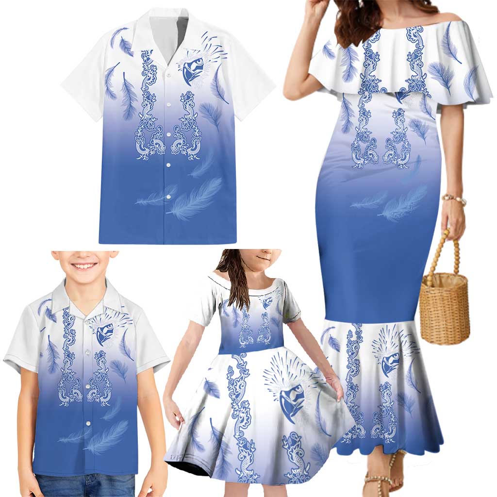 Philippines National Costume Style Family Matching Mermaid Dress and Hawaiian Shirt Barong Tagalog and Eagle Feather Blue Color