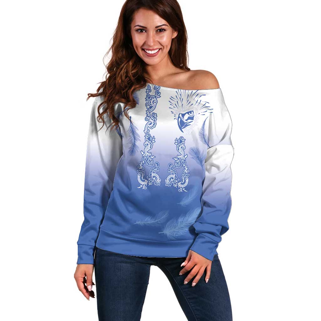 Philippines National Costume Style Off Shoulder Sweater Barong Tagalog and Eagle Feather Blue Color