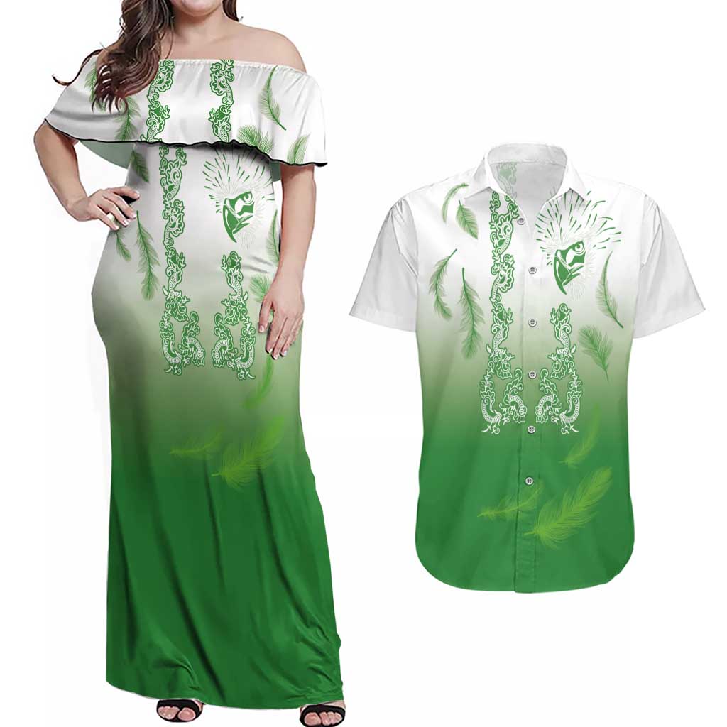 Philippines National Costume Style Couples Matching Off Shoulder Maxi Dress and Hawaiian Shirt Barong Tagalog and Eagle Feather Green Color
