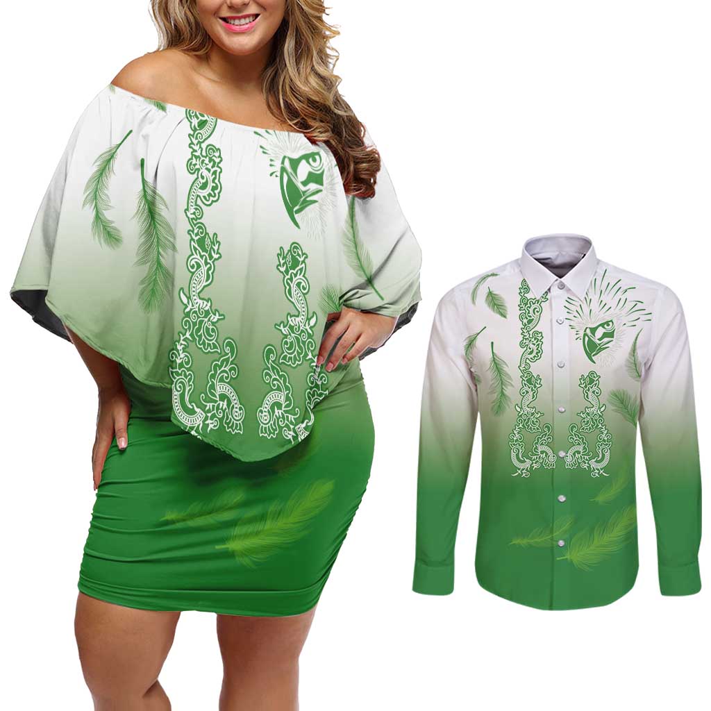 Philippines National Costume Style Couples Matching Off Shoulder Short Dress and Long Sleeve Button Shirt Barong Tagalog and Eagle Feather Green Color