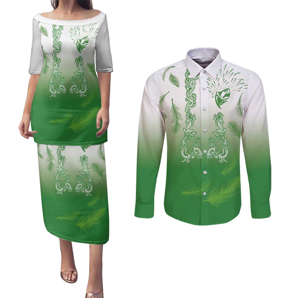 Philippines National Costume Style Couples Matching Puletasi and Long Sleeve Button Shirt Barong Tagalog and Eagle Feather Green Color