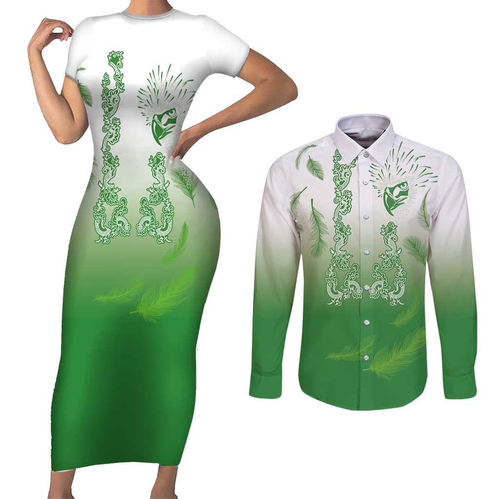 Philippines National Costume Style Couples Matching Short Sleeve Bodycon Dress and Long Sleeve Button Shirt Barong Tagalog and Eagle Feather Green Color