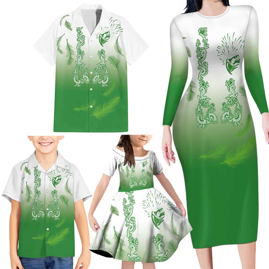 Philippines National Costume Style Family Matching Long Sleeve Bodycon Dress and Hawaiian Shirt Barong Tagalog and Eagle Feather Green Color
