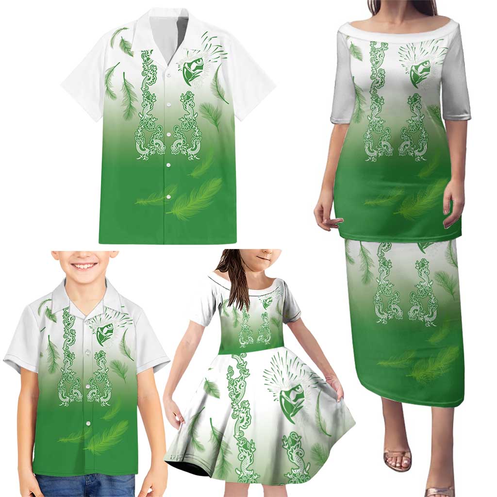 Philippines National Costume Style Family Matching Puletasi and Hawaiian Shirt Barong Tagalog and Eagle Feather Green Color