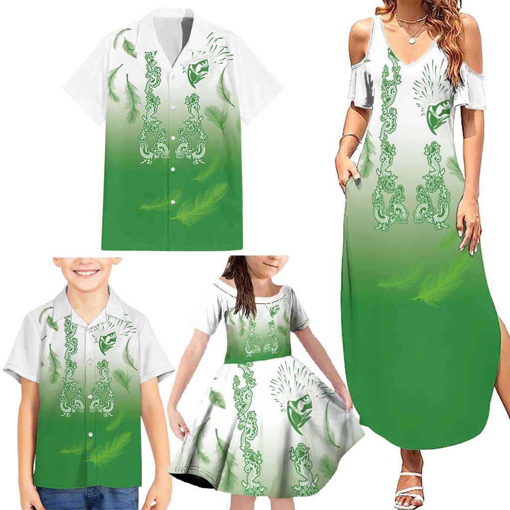 Philippines National Costume Style Family Matching Summer Maxi Dress and Hawaiian Shirt Barong Tagalog and Eagle Feather Green Color