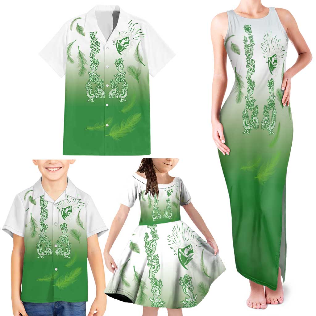 Philippines National Costume Style Family Matching Tank Maxi Dress and Hawaiian Shirt Barong Tagalog and Eagle Feather Green Color