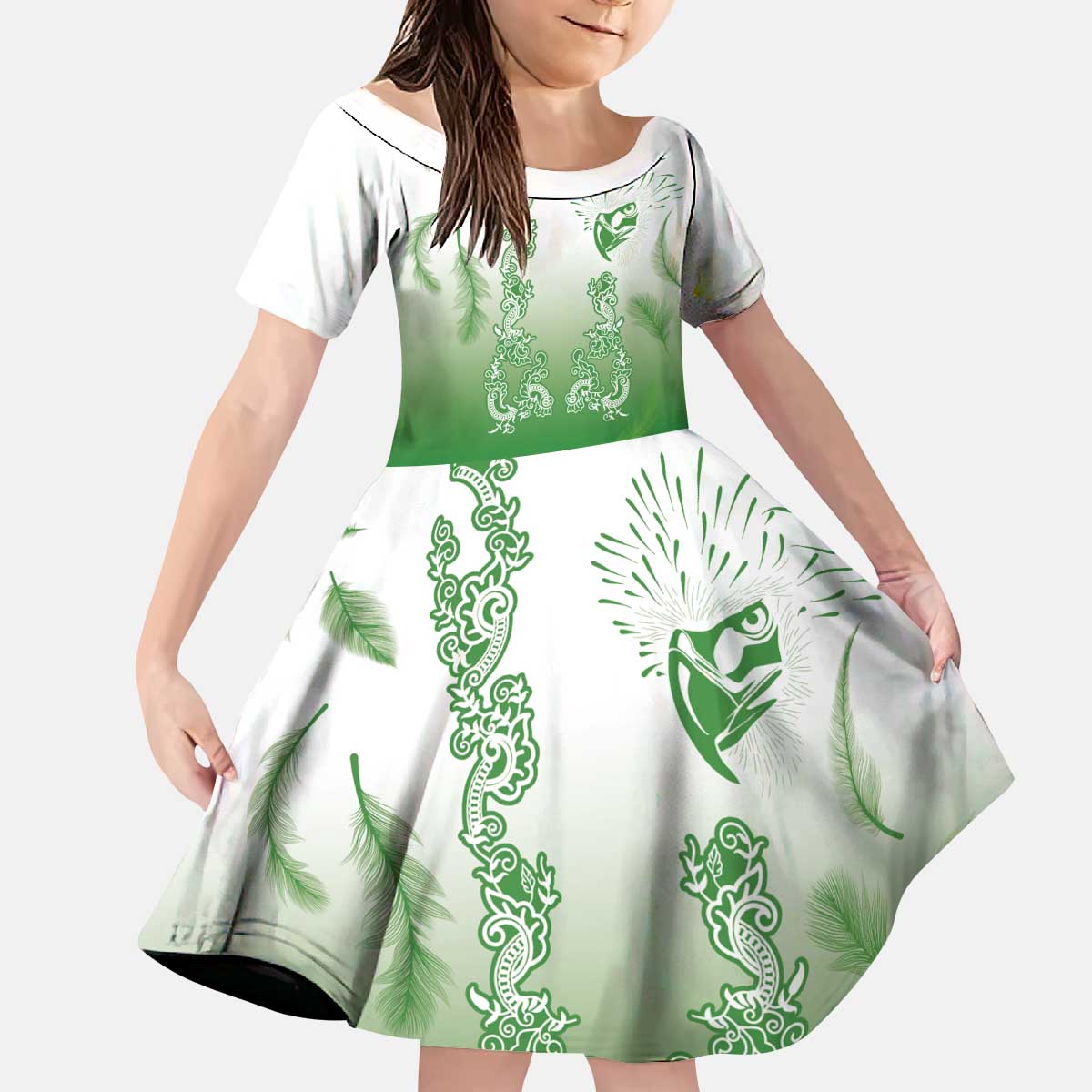 Philippines National Costume Style Kid Short Sleeve Dress Barong Tagalog and Eagle Feather Green Color