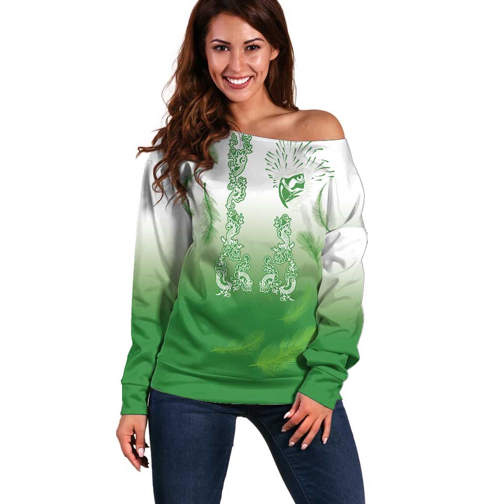 Philippines National Costume Style Off Shoulder Sweater Barong Tagalog and Eagle Feather Green Color