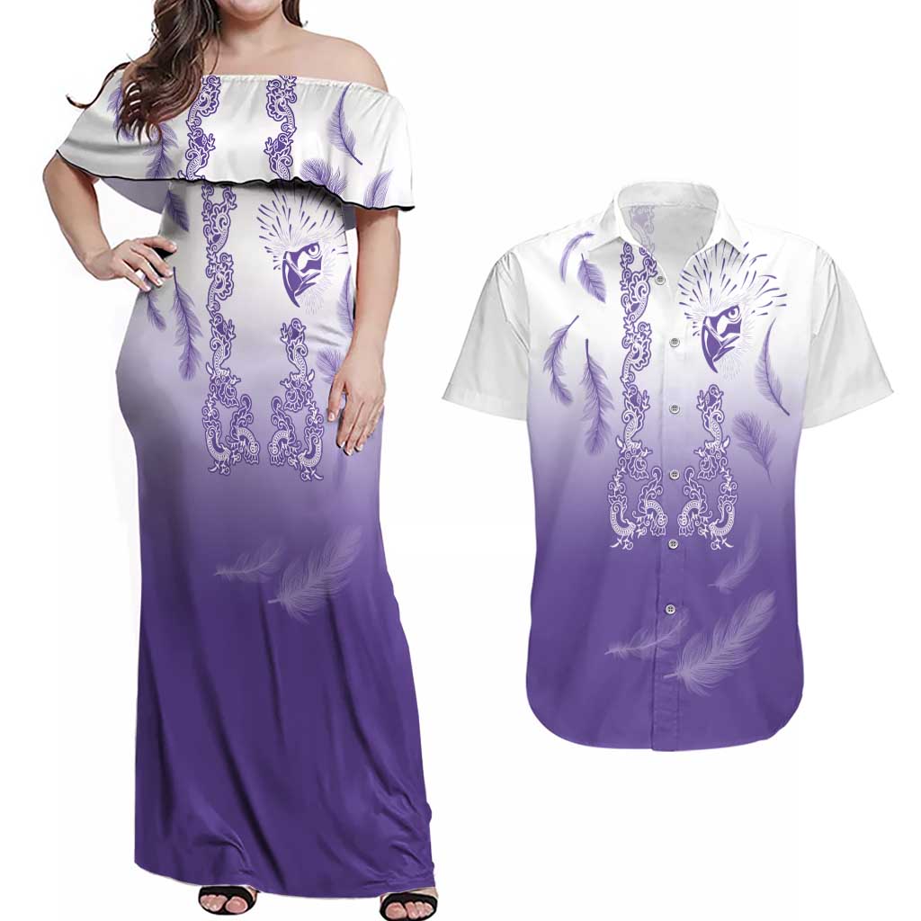 Philippines National Costume Style Couples Matching Off Shoulder Maxi Dress and Hawaiian Shirt Barong Tagalog and Eagle Feather Purple Color