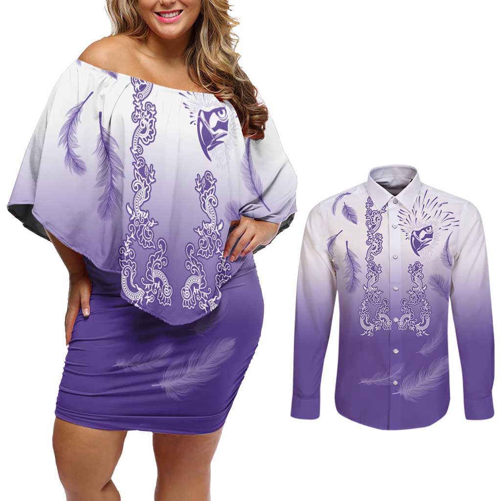 Philippines National Costume Style Couples Matching Off Shoulder Short Dress and Long Sleeve Button Shirt Barong Tagalog and Eagle Feather Purple Color