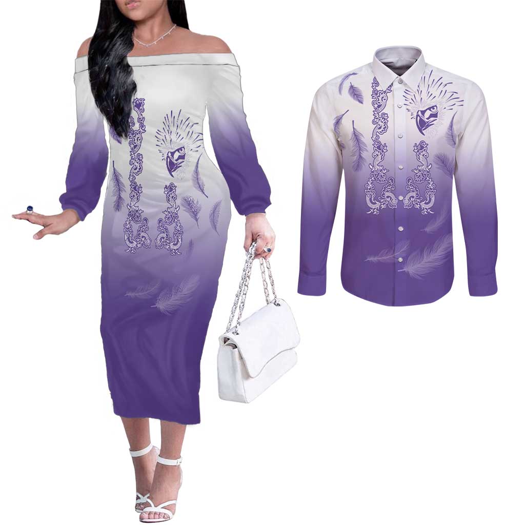 Philippines National Costume Style Couples Matching Off The Shoulder Long Sleeve Dress and Long Sleeve Button Shirt Barong Tagalog and Eagle Feather Purple Color