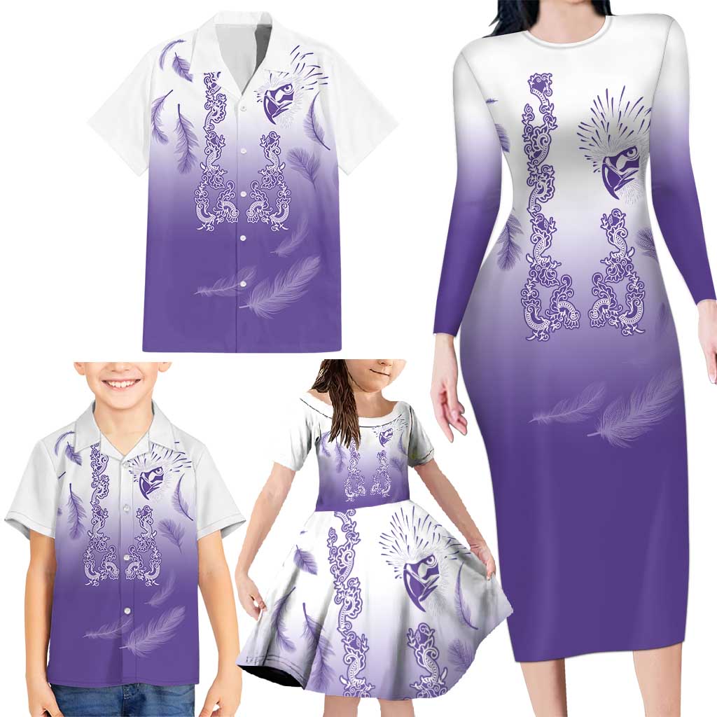 Philippines National Costume Style Family Matching Long Sleeve Bodycon Dress and Hawaiian Shirt Barong Tagalog and Eagle Feather Purple Color