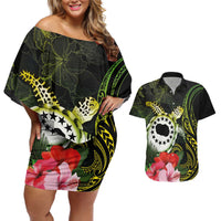 Kia Orana Cook Islands Couples Matching Off Shoulder Short Dress and Hawaiian Shirt Turtle and Hibiscus Polynesian Pattern LT03 Yellow - Polynesian Pride