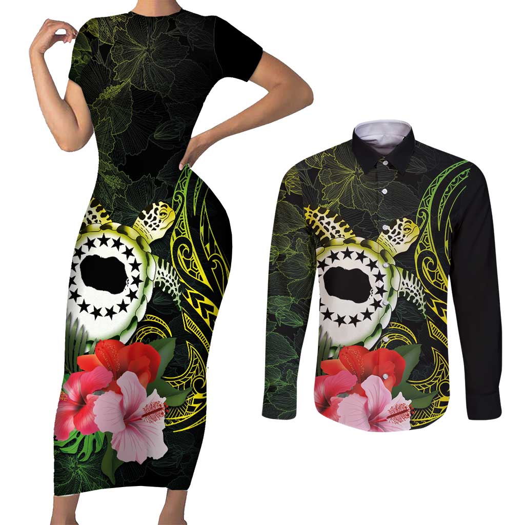 Kia Orana Cook Islands Couples Matching Short Sleeve Bodycon Dress and Long Sleeve Button Shirt Turtle and Hibiscus Polynesian Pattern LT03 Yellow - Polynesian Pride