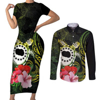 Kia Orana Cook Islands Couples Matching Short Sleeve Bodycon Dress and Long Sleeve Button Shirt Turtle and Hibiscus Polynesian Pattern LT03 Yellow - Polynesian Pride