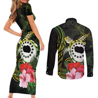 Kia Orana Cook Islands Couples Matching Short Sleeve Bodycon Dress and Long Sleeve Button Shirt Turtle and Hibiscus Polynesian Pattern LT03 - Polynesian Pride