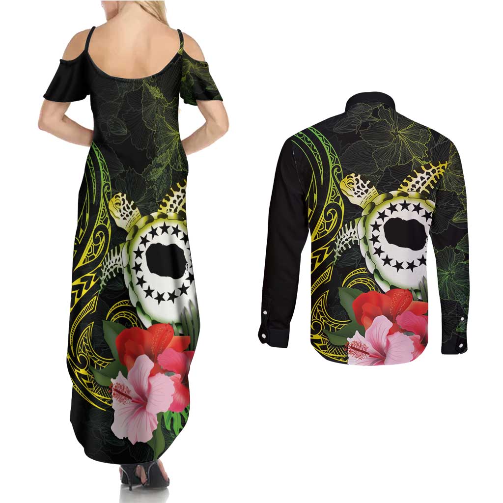 Kia Orana Cook Islands Couples Matching Summer Maxi Dress and Long Sleeve Button Shirt Turtle and Hibiscus Polynesian Pattern