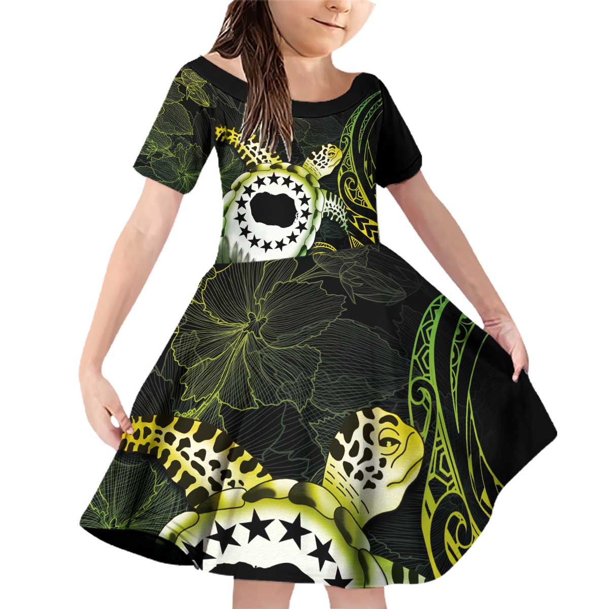 Kia Orana Cook Islands Family Matching Off Shoulder Short Dress and Hawaiian Shirt Turtle and Hibiscus Polynesian Pattern LT03 Daughter's Dress Yellow - Polynesian Pride