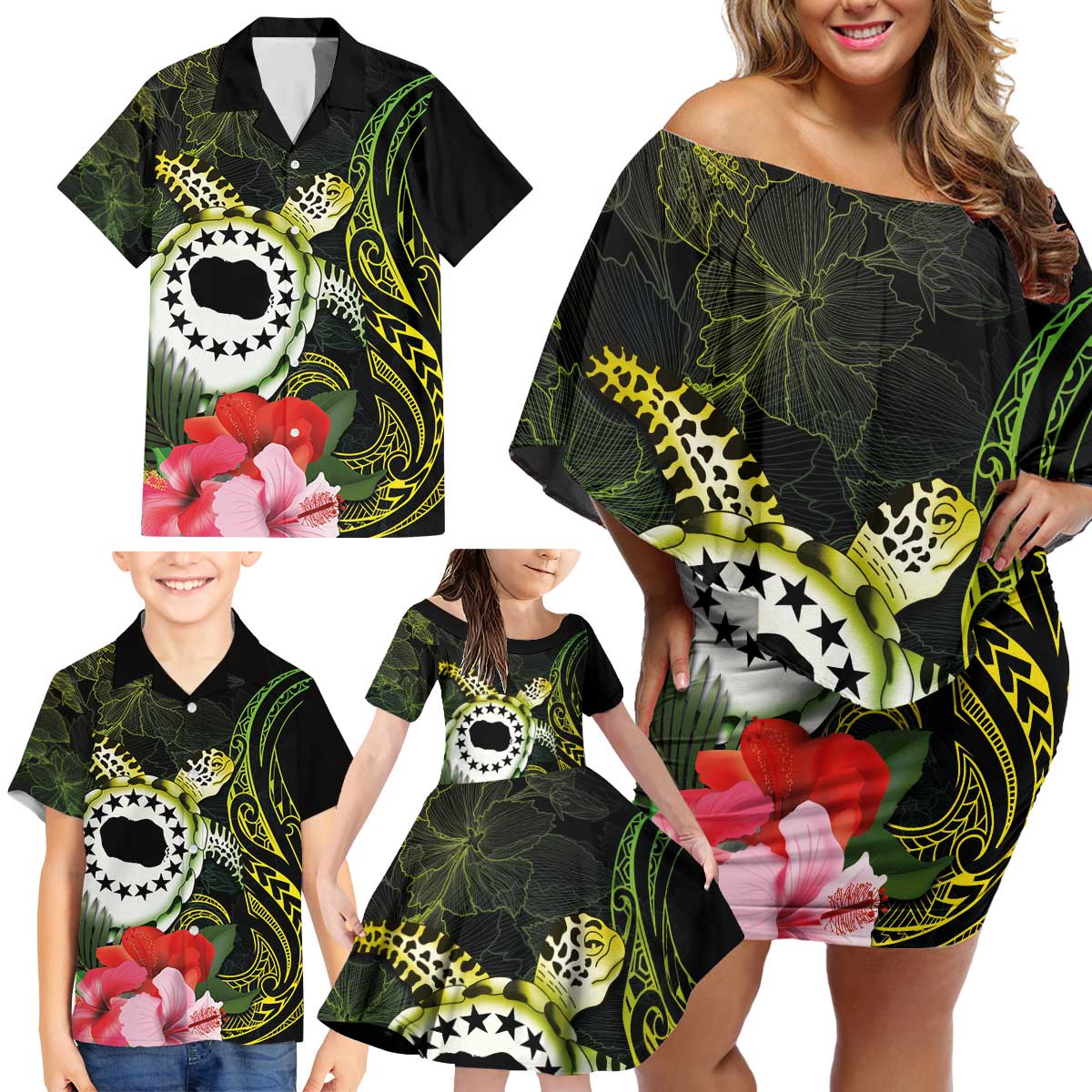 Kia Orana Cook Islands Family Matching Off Shoulder Short Dress and Hawaiian Shirt Turtle and Hibiscus Polynesian Pattern LT03 - Polynesian Pride
