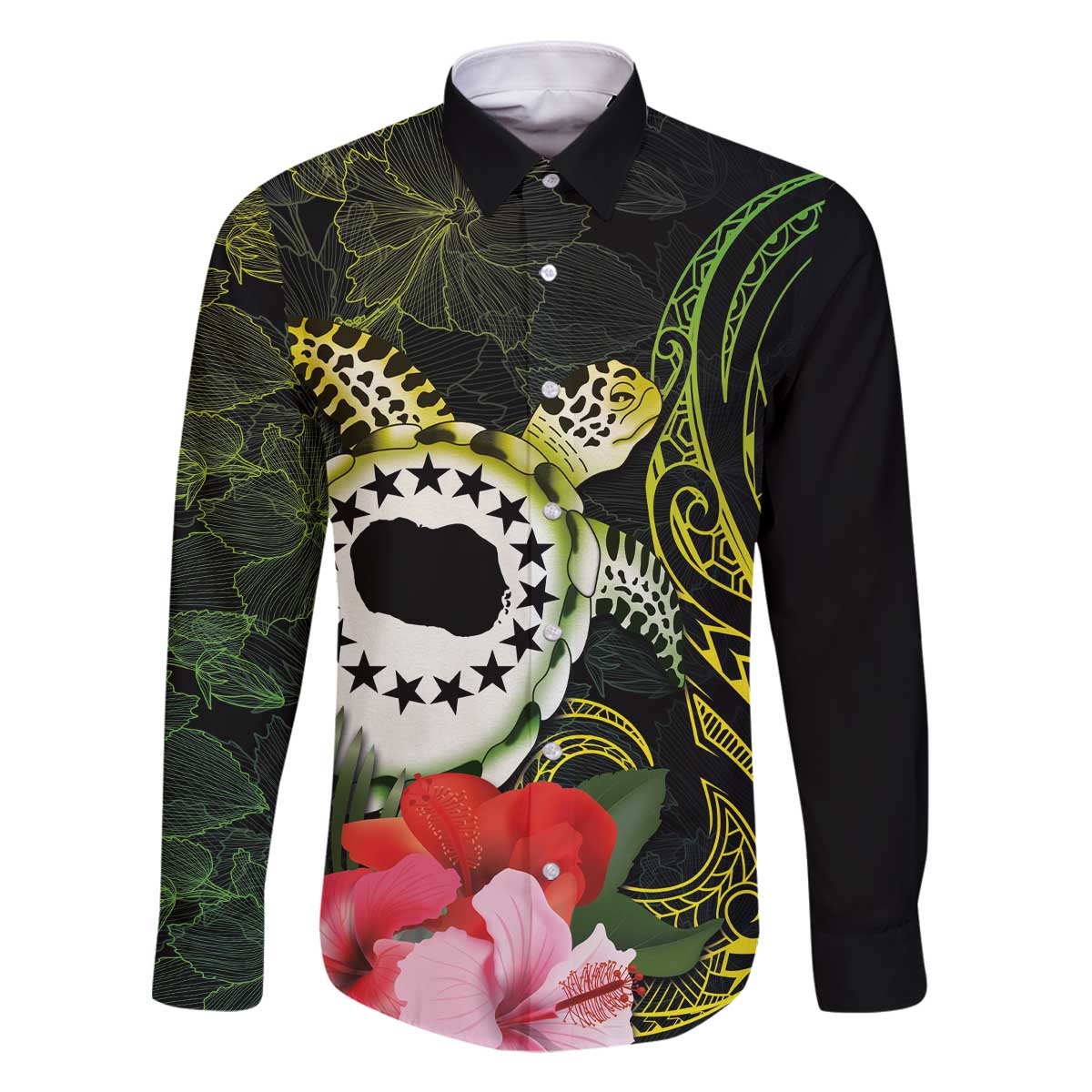 Kia Orana Cook Islands Family Matching Off Shoulder Short Dress and Hawaiian Shirt Turtle and Hibiscus Polynesian Pattern LT03 Dad's Shirt - Long Sleeve Yellow - Polynesian Pride