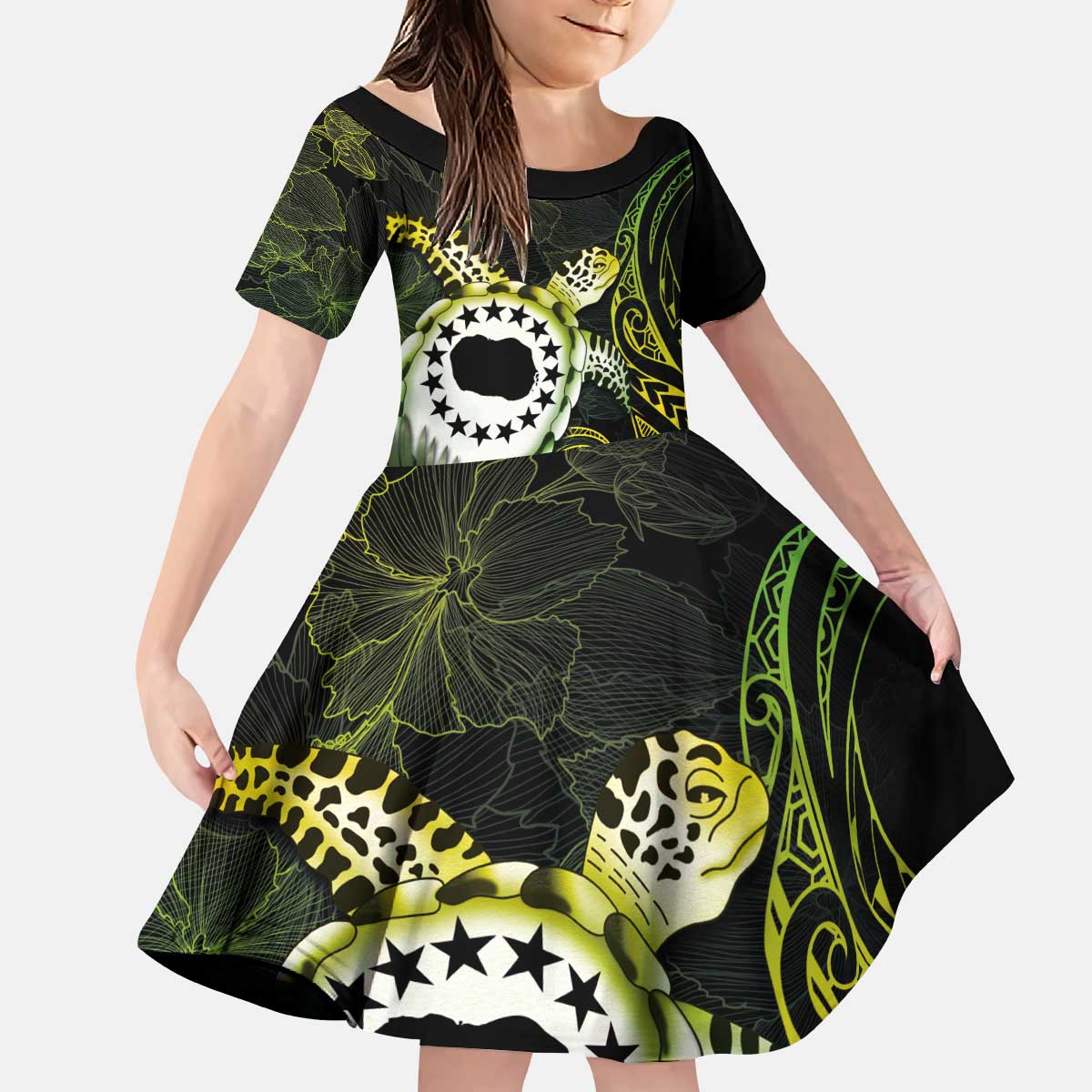 Kia Orana Cook Islands Family Matching Puletasi and Hawaiian Shirt Turtle and Hibiscus Polynesian Pattern LT03 Daughter's Dress Yellow - Polynesian Pride