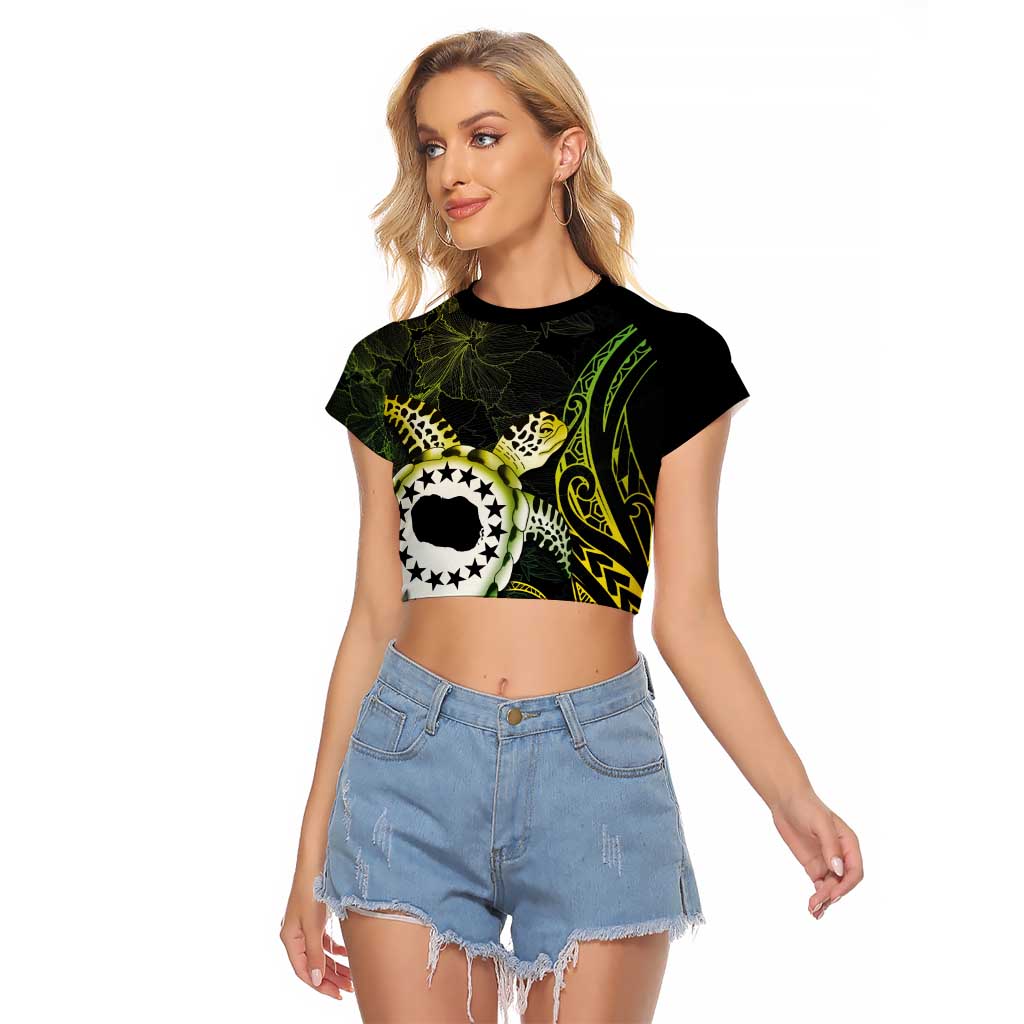 Kia Orana Cook Islands Raglan Cropped T Shirt Turtle and Hibiscus Polynesian Pattern LT03 Female Yellow - Polynesian Pride