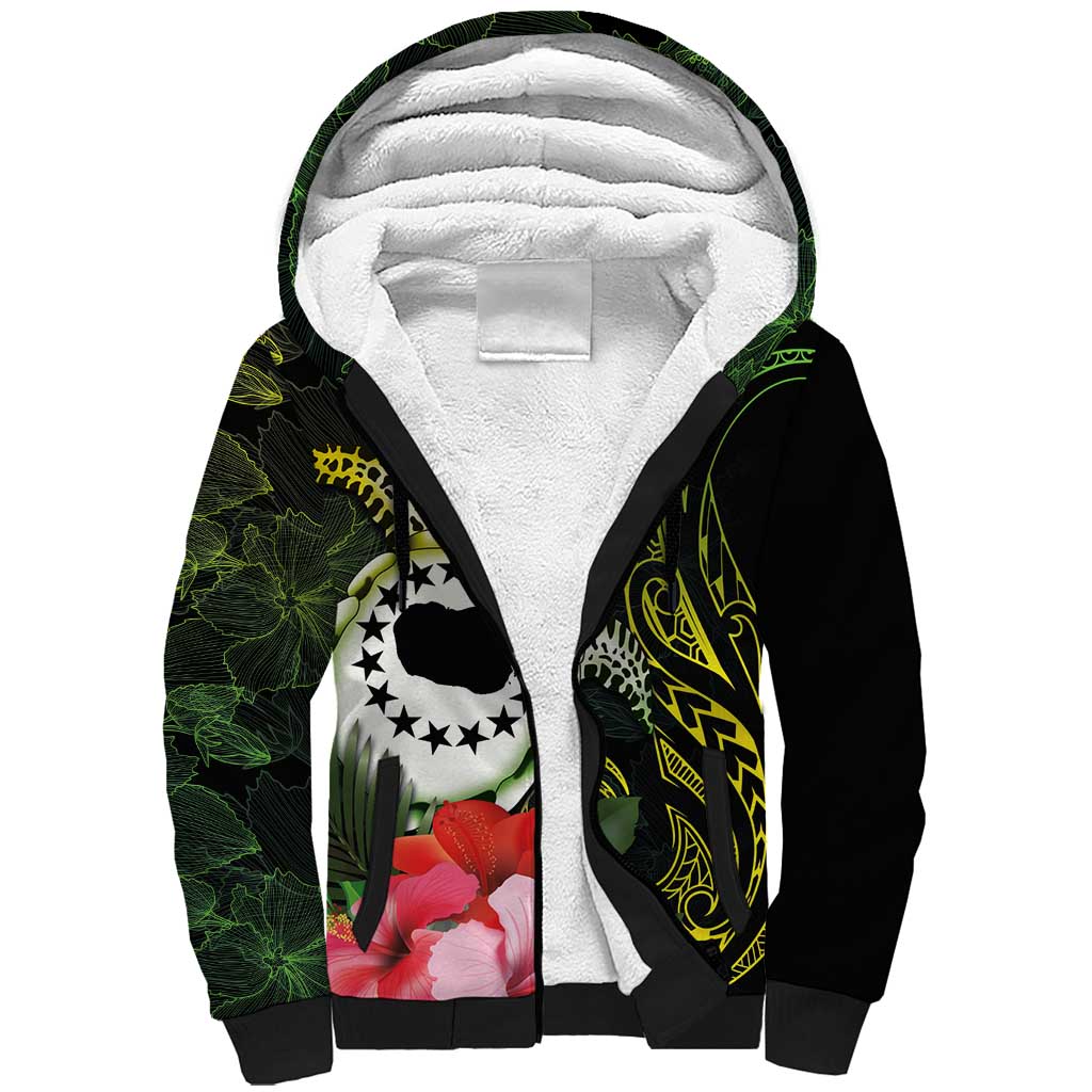 Kia Orana Cook Islands Sherpa Hoodie Turtle and Hibiscus Polynesian Pattern