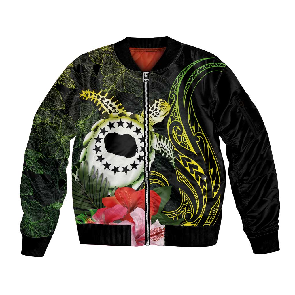 Kia Orana Cook Islands Sleeve Zip Bomber Jacket Turtle and Hibiscus Polynesian Pattern