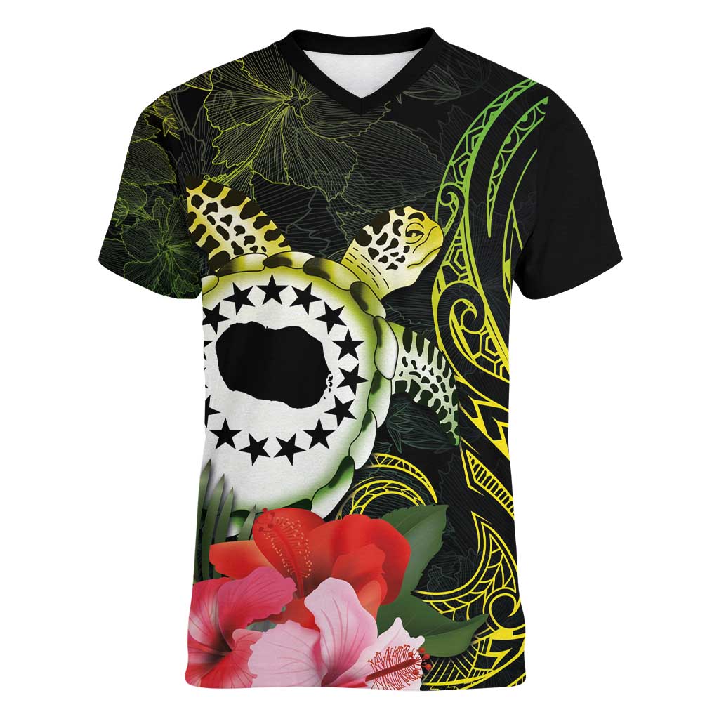 Kia Orana Cook Islands Women V-Neck T-Shirt Turtle and Hibiscus Polynesian Pattern LT03 Female Yellow - Polynesian Pride