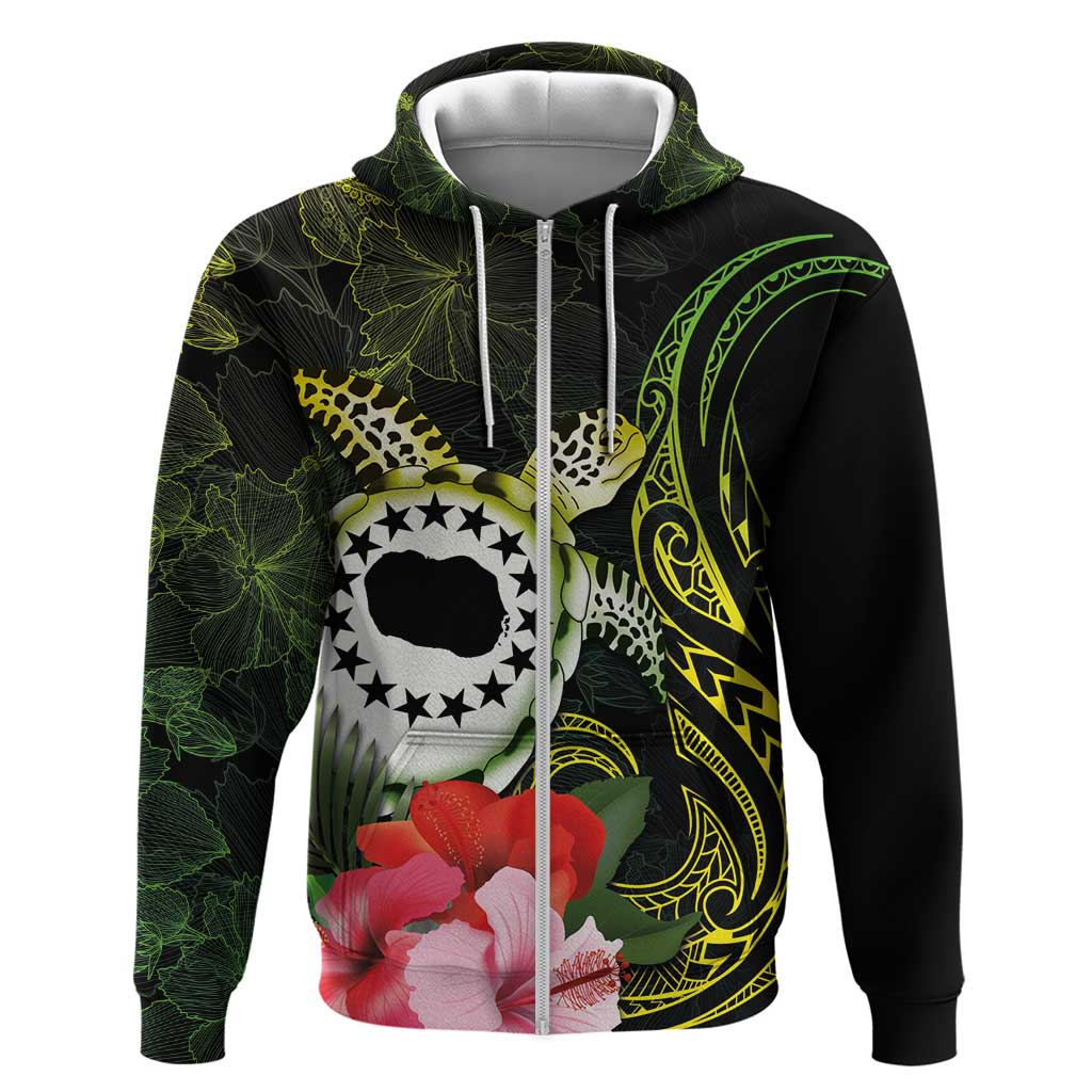 Kia Orana Cook Islands Zip Hoodie Turtle and Hibiscus Polynesian Pattern