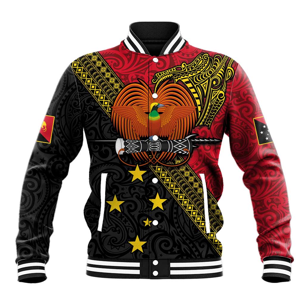 Papua new Guinea Goroka Show Baseball Jacket Bird-of-paradise and Melanesian Tattoo Pattern
