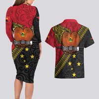 Papua new Guinea Goroka Show Couples Matching Long Sleeve Bodycon Dress and Hawaiian Shirt Bird-of-paradise and Melanesian Tattoo Pattern