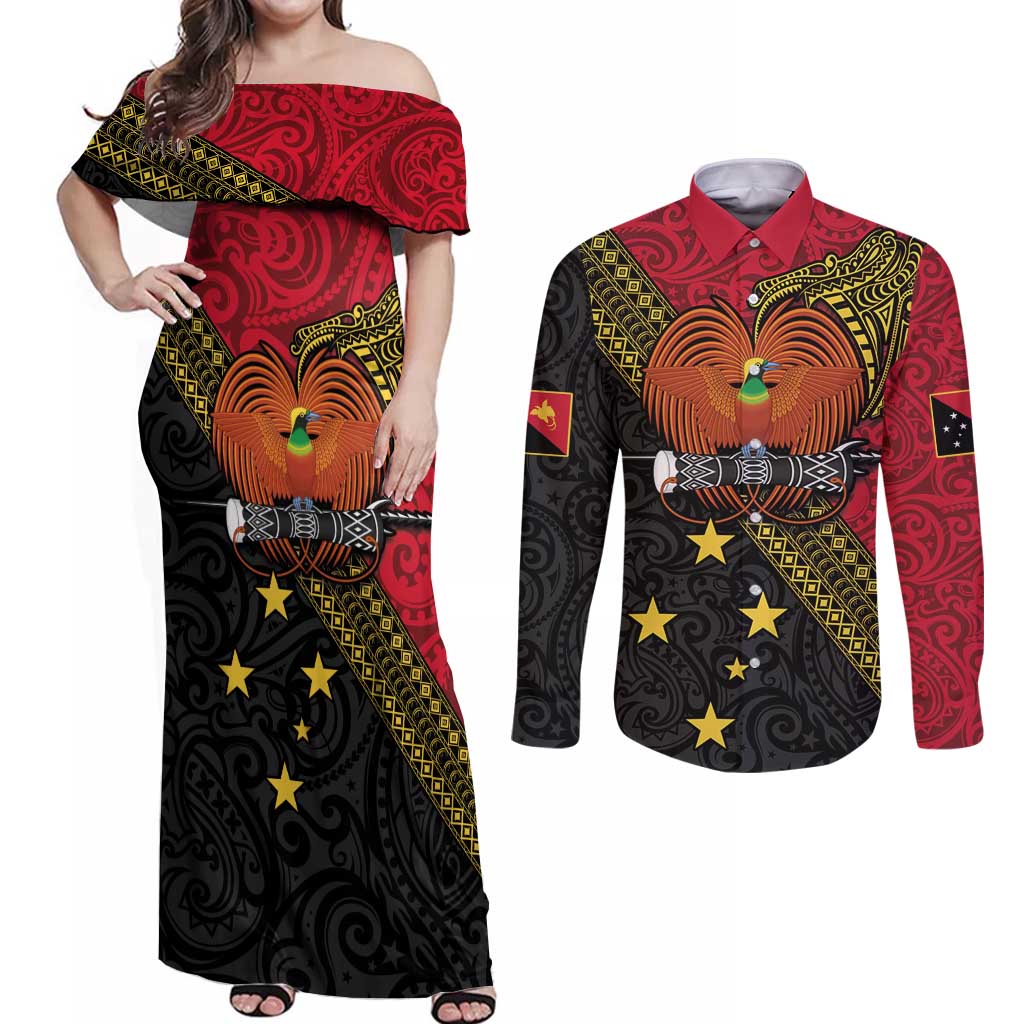 Papua new Guinea Goroka Show Couples Matching Off Shoulder Maxi Dress and Long Sleeve Button Shirt Bird-of-paradise and Melanesian Tattoo Pattern