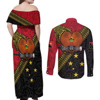 Papua new Guinea Goroka Show Couples Matching Off Shoulder Maxi Dress and Long Sleeve Button Shirt Bird-of-paradise and Melanesian Tattoo Pattern