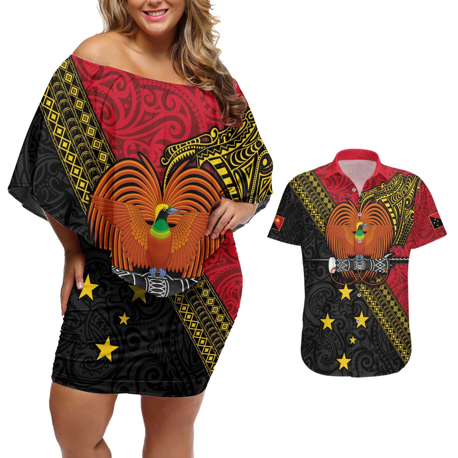 Papua new Guinea Goroka Show Couples Matching Off Shoulder Short Dress and Hawaiian Shirt Bird-of-paradise and Melanesian Tattoo Pattern