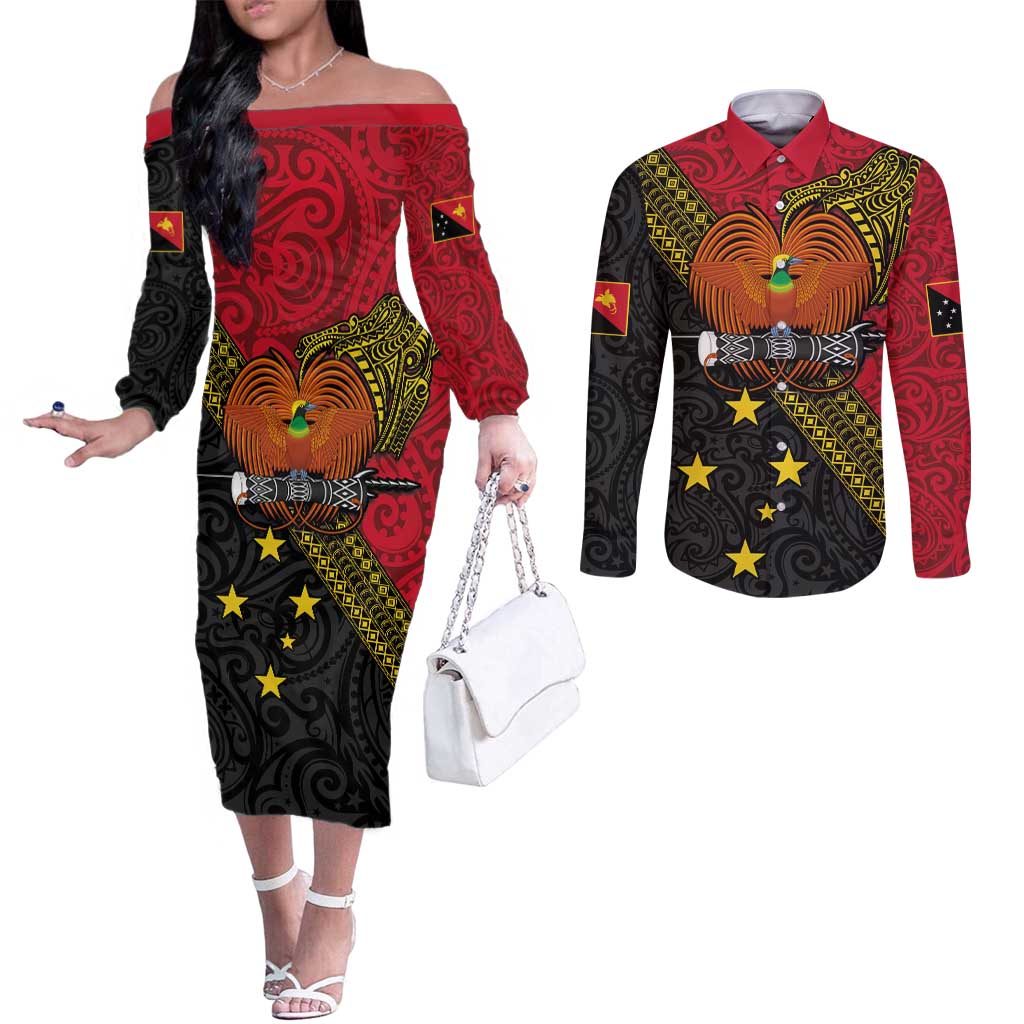 Papua new Guinea Goroka Show Couples Matching Off The Shoulder Long Sleeve Dress and Long Sleeve Button Shirt Bird-of-paradise and Melanesian Tattoo Pattern