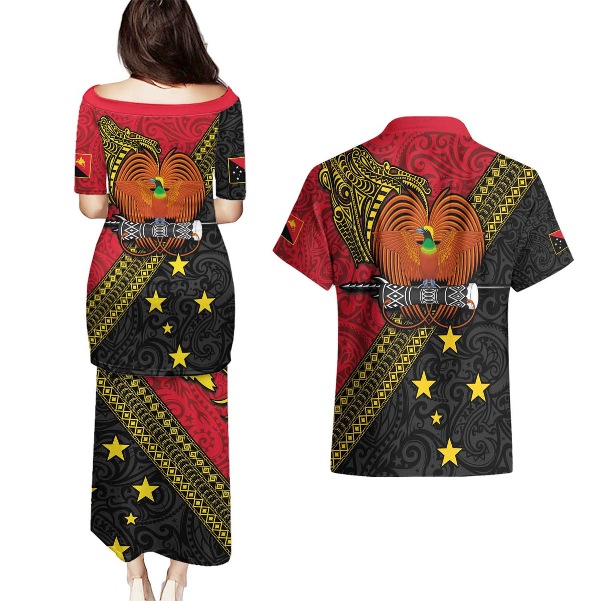 Papua new Guinea Goroka Show Couples Matching Puletasi and Hawaiian Shirt Bird-of-paradise and Melanesian Tattoo Pattern