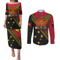 Papua new Guinea Goroka Show Couples Matching Puletasi and Long Sleeve Button Shirt Bird-of-paradise and Melanesian Tattoo Pattern