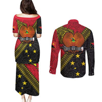 Papua new Guinea Goroka Show Couples Matching Puletasi and Long Sleeve Button Shirt Bird-of-paradise and Melanesian Tattoo Pattern