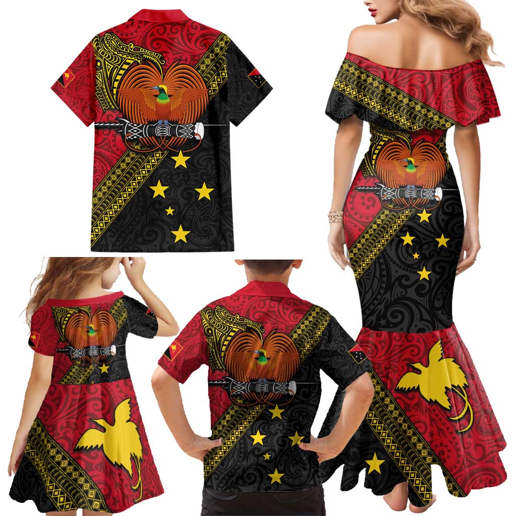 Papua new Guinea Goroka Show Family Matching Mermaid Dress and Hawaiian Shirt Bird-of-paradise and Melanesian Tattoo Pattern