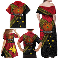 Papua new Guinea Goroka Show Family Matching Off Shoulder Maxi Dress and Hawaiian Shirt Bird-of-paradise and Melanesian Tattoo Pattern